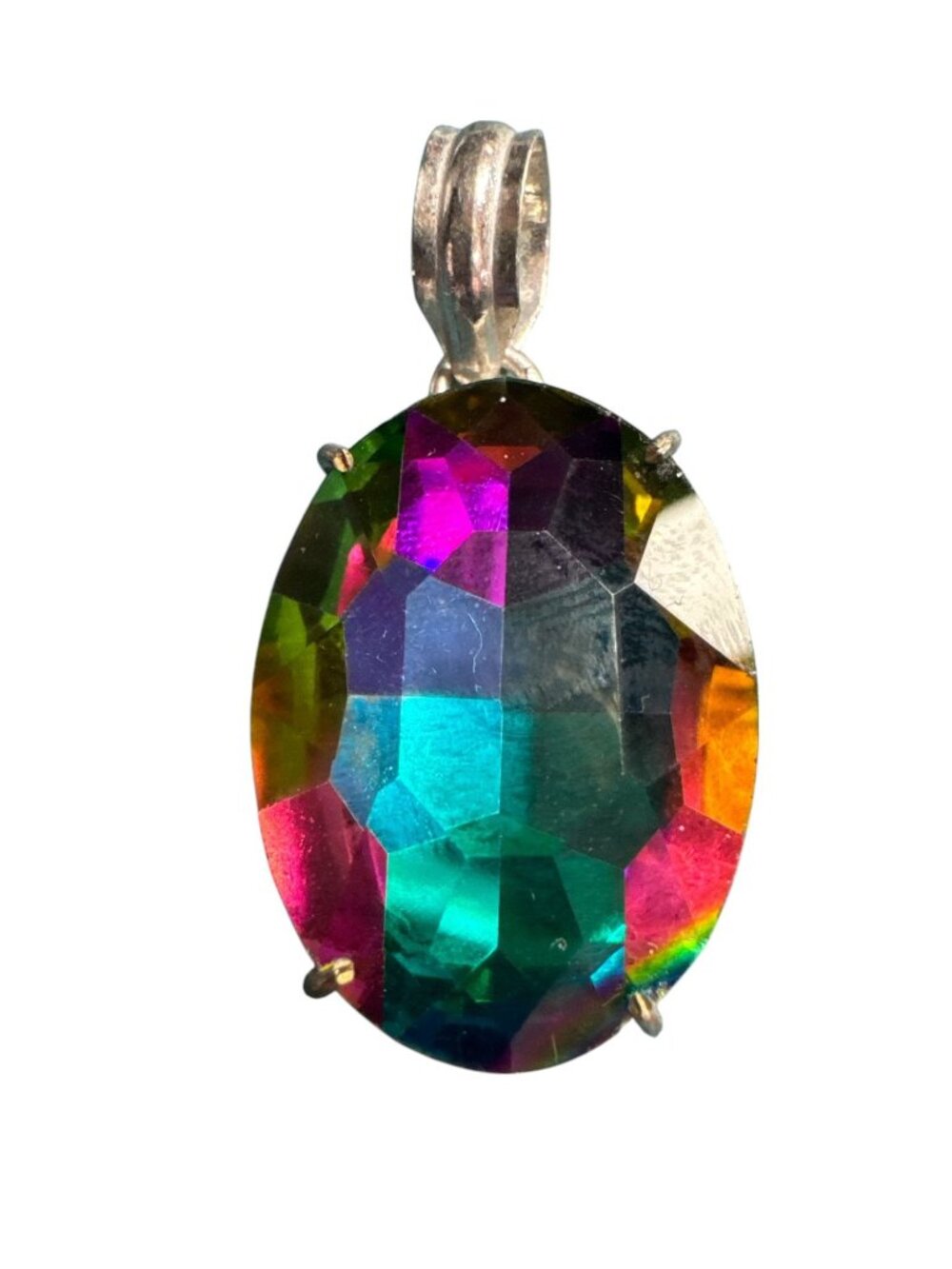 Rainbow Mystic Topaz Pendant With Silver-Tone Setting - Oval Shape 1.5 Inches Lo